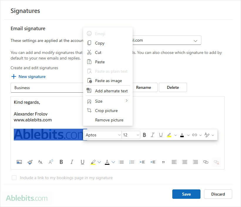 Customize the image added to an Outlook signature.