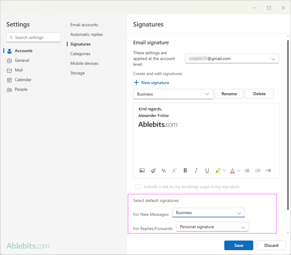 Automatically add a signature in the new Outlook.