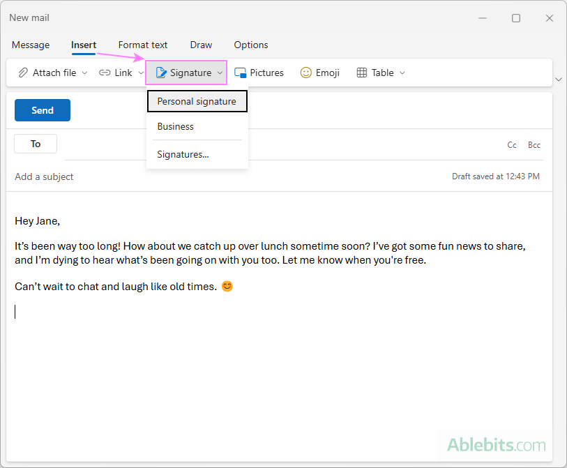 Insert a signature into an Outlook message.