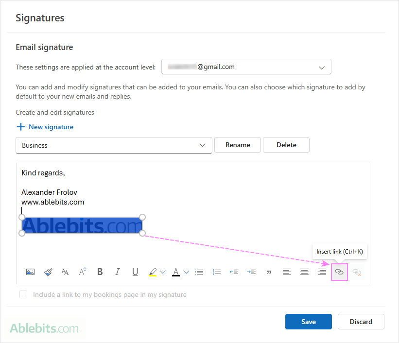 Make the image in an Outlook signature a clickable hyperlink.