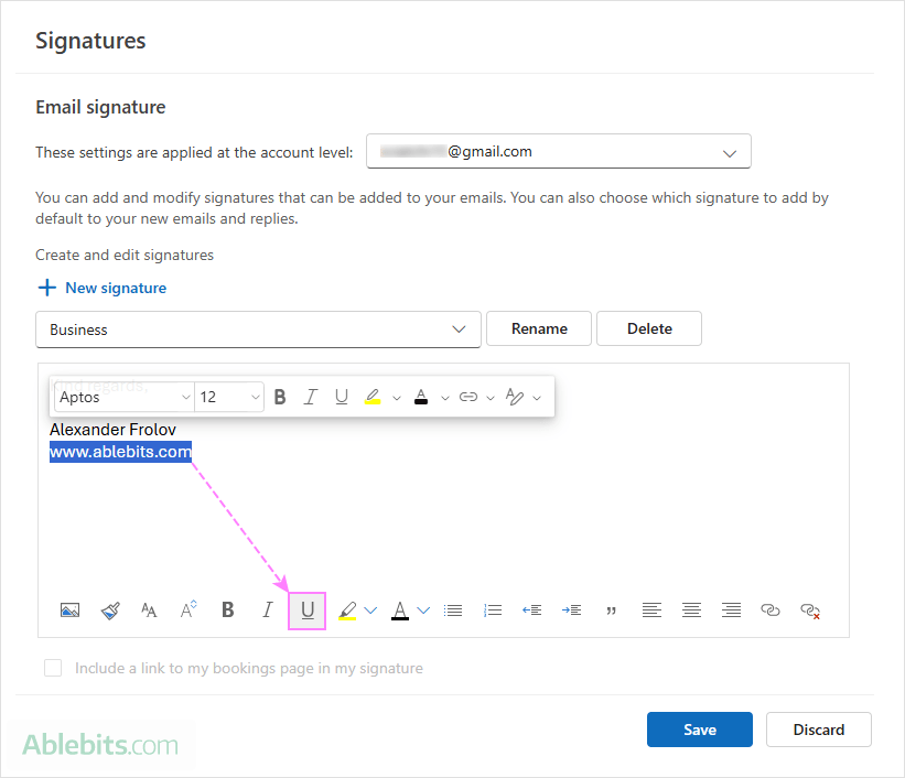 Add a link to an Outlook signature with no underline.