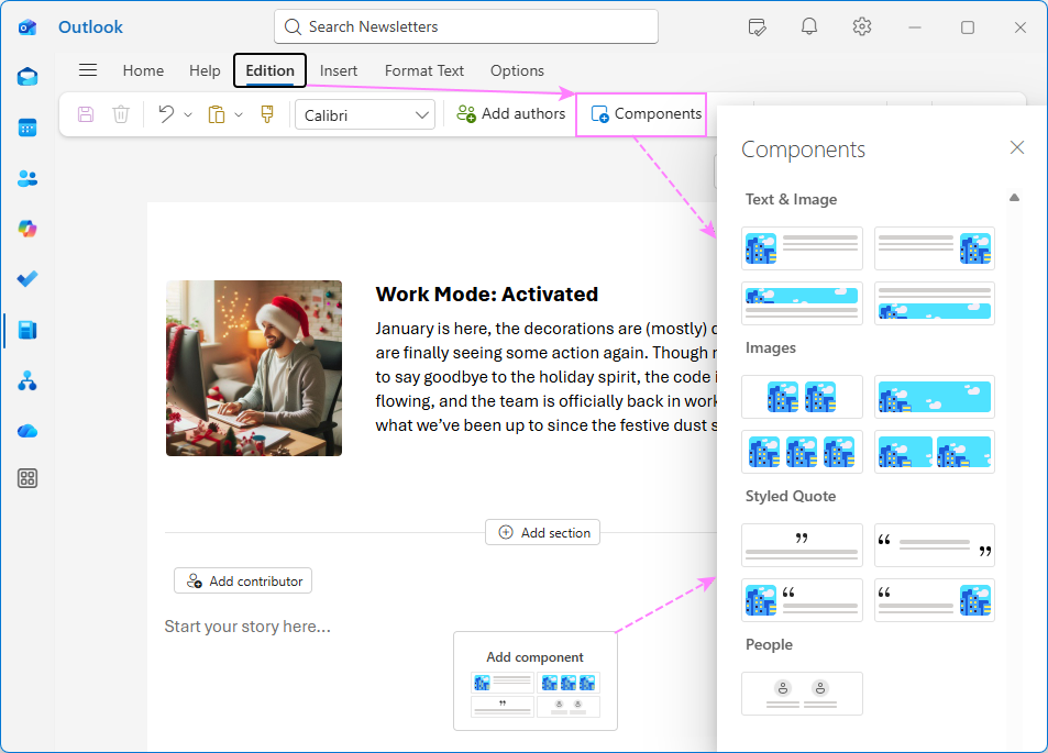 Add section components in the newsletter.