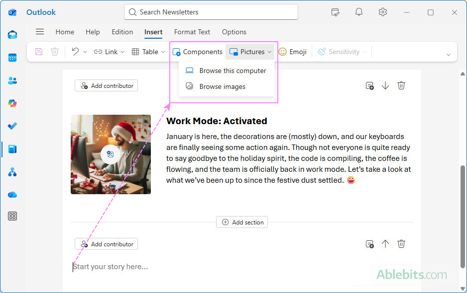 Add an image to an Outlook newsletter.