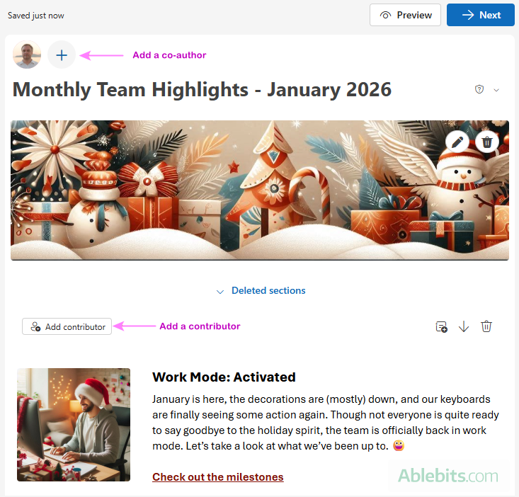 Collaborate on Outlook newsletter with co-workers.