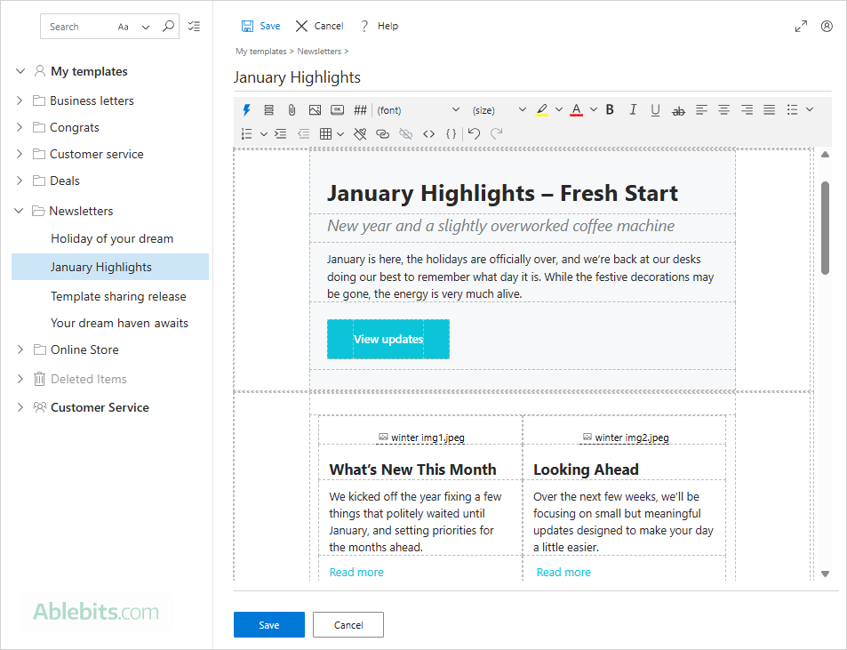 Customize an Outlook newsletter template.
