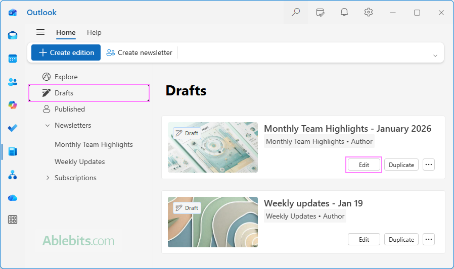 Edit an Outlook newsletter.