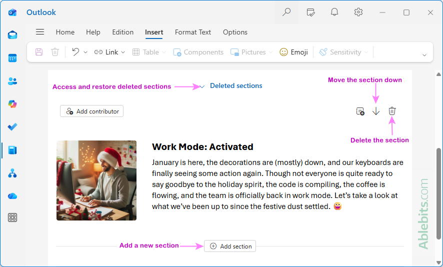 Add, edit and remove the newsletter sections.