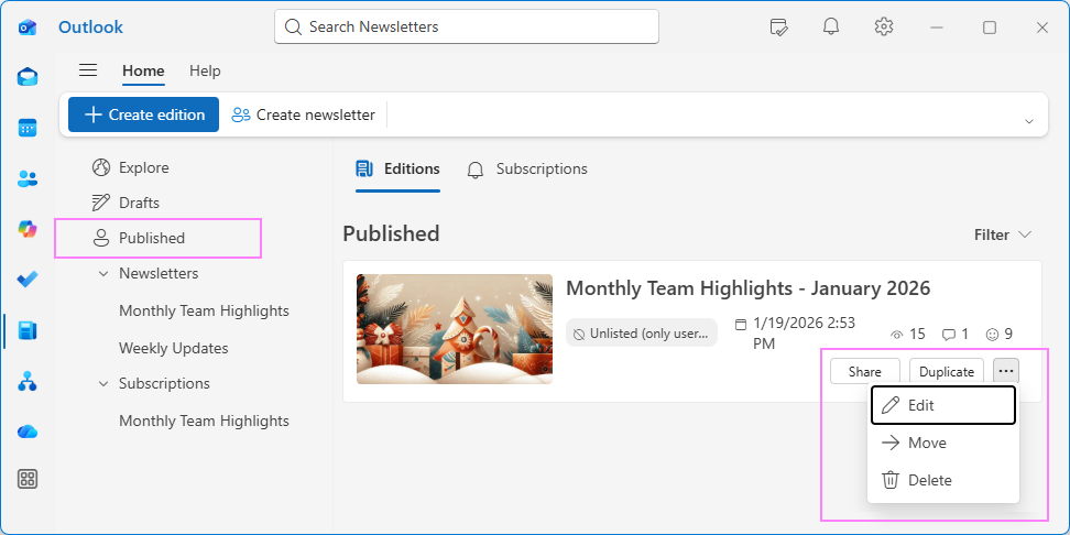 Manage published newsletters.