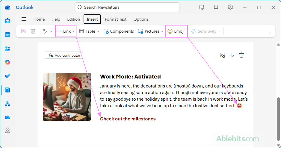 Insert a hyperlink and emoji in an Outlook newsletter.