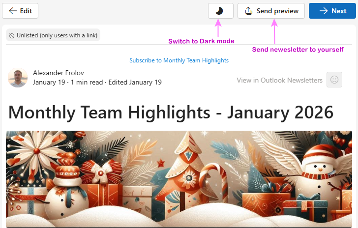 Preview a newsletter in Outlook.
