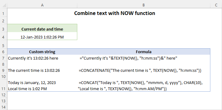 Concatenate text with the NOW function.