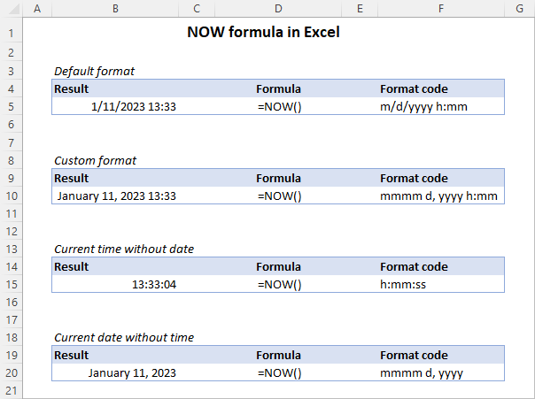 Using NOW formula in Excel