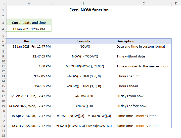 NOW function in Excel