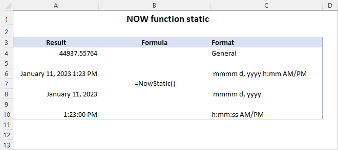 Custom static NOW function in Excel