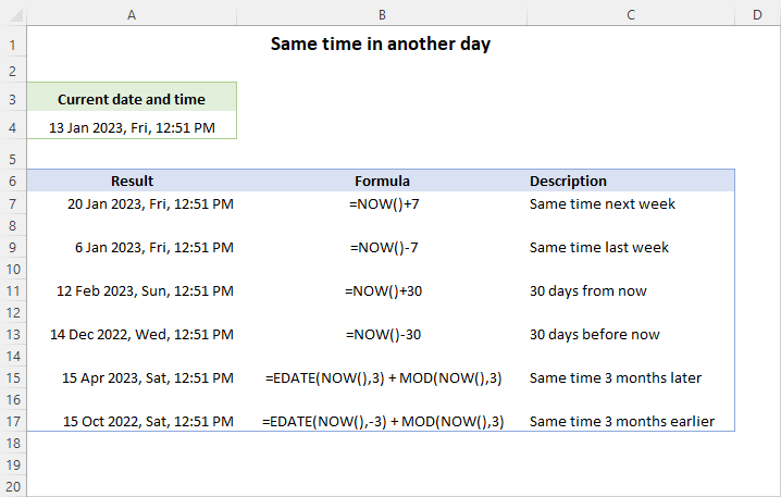 NOW formula to get same time in another day