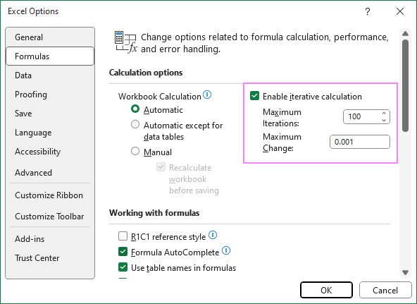 Adjust the Excel iteration settings to help iterative formulas converge.