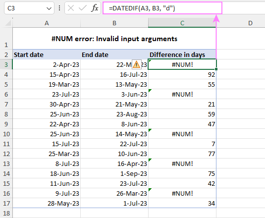 A #NUM error occurs in Excel because of invalid input arguments.
