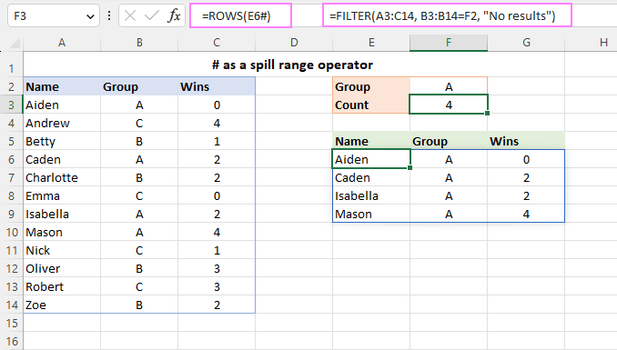 Using the # symbol as a spill range operator