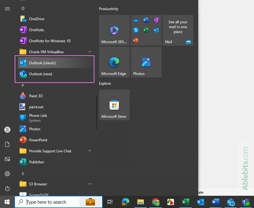 Find the Outlook classic and Outlook new in the Windows Start menu.