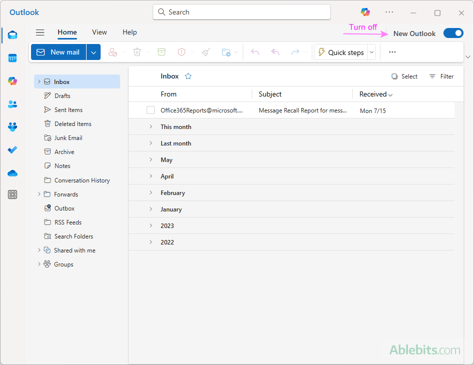 Toggle off the New Outlook switch.