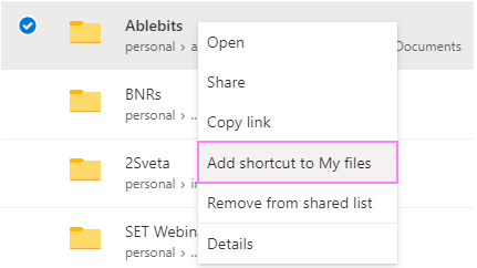 Add shortcut for a shared folder to My files