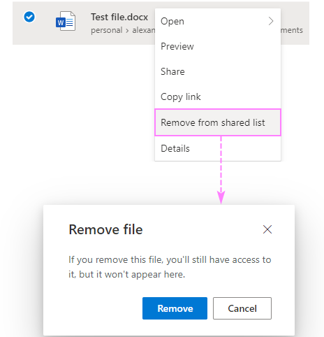 Remove a file from OneDrive Shared list, but keep permissions to it.