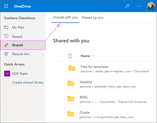 View shared files and folders in OneDrive for Business