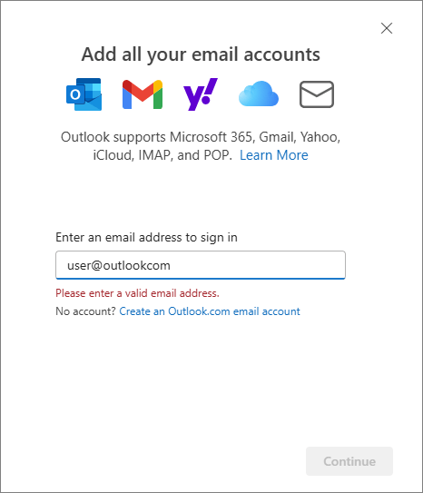 An account cannot be added because of an incorrect email address or password.