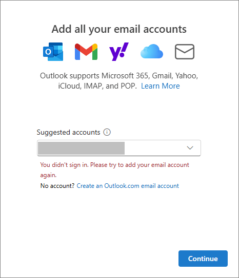 Unable to add an account in the new Outlook because of an unsupported account type.