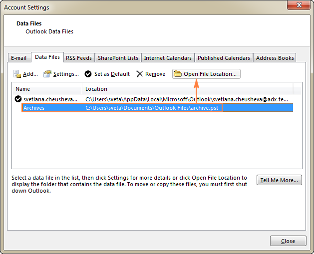 Add to archive. Outlook подключить архив. Account file. Archive PST folders in Outlook.