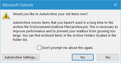 Outlook AutoArchive prompt