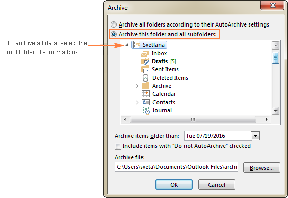 archive settings for outlook 2016 for mac