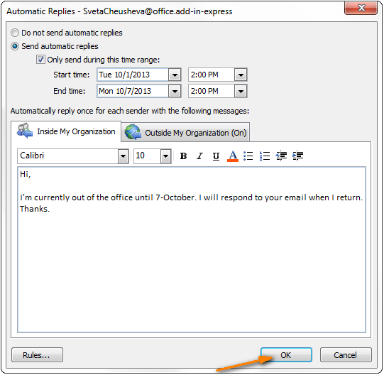 out of office reply outlook 2013 pop3