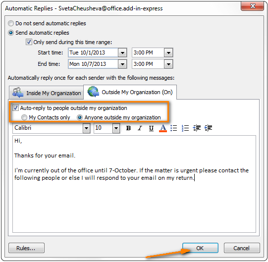 Outlook Auto Reply Set Up Out Of Office Autoresponse In Outlook 19 10 Ablebits Com