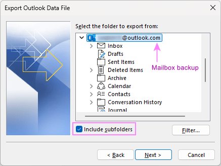 Back up all emails and other items in an Outlook mailbox.