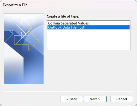 Export Outlook data to a new PST file.