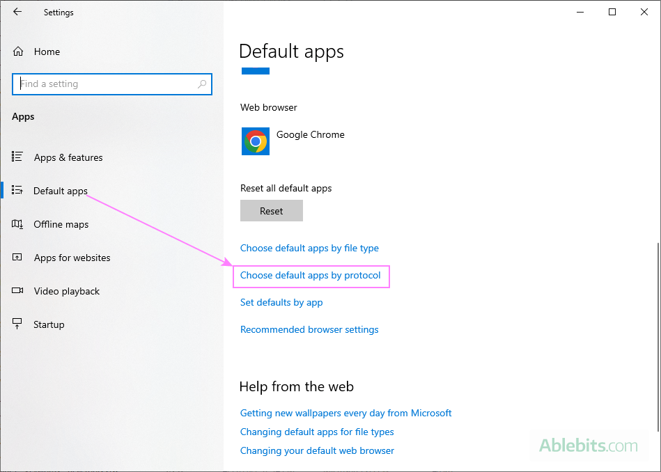 Choose default apps by protocol on Windows 10.