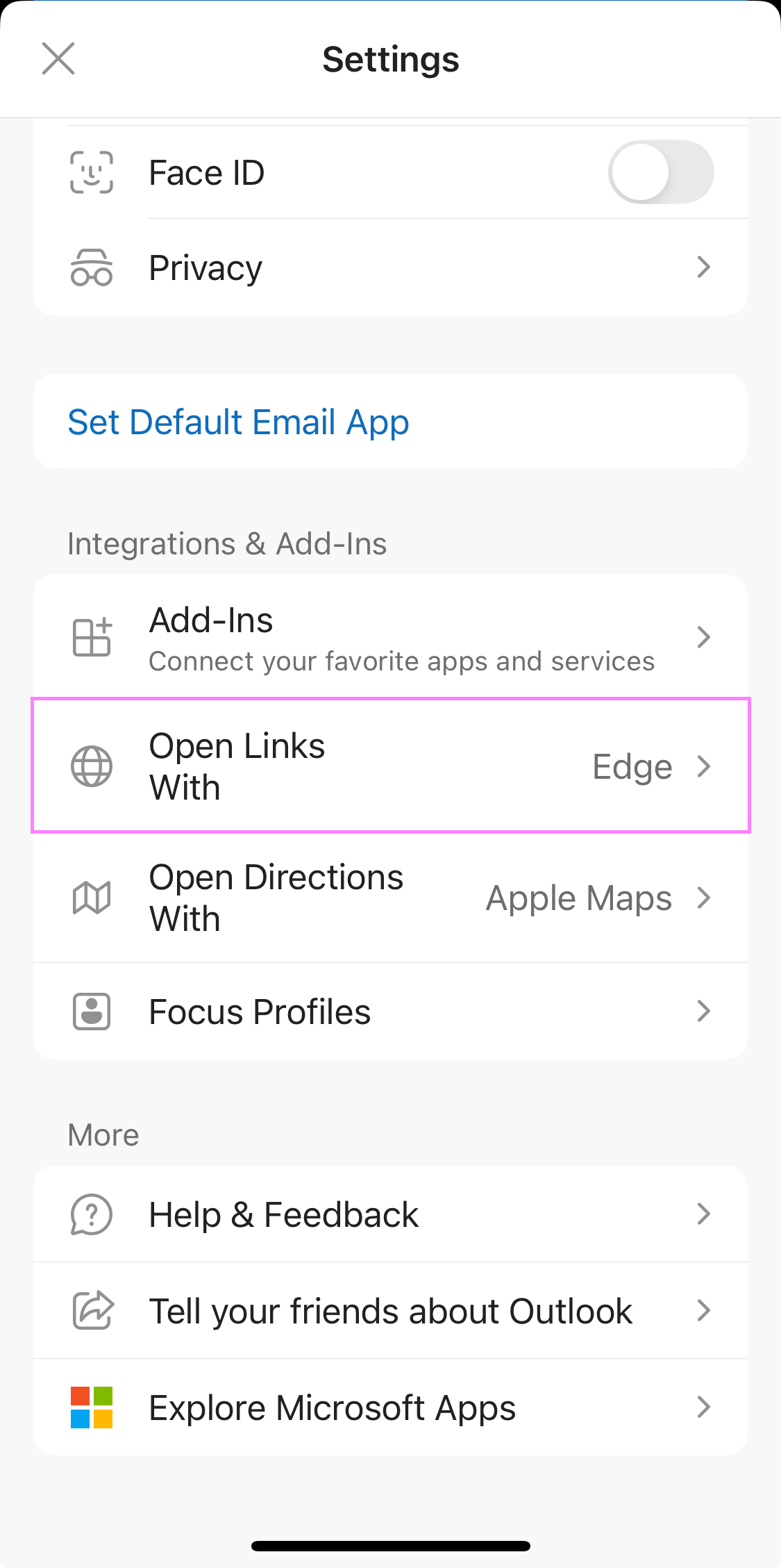 The setting that controls which browser is used for opening links in Outlook mobile.