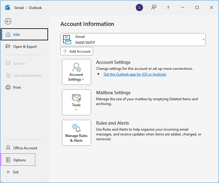 Open the Outlook Options window.