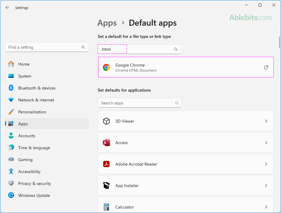 Set the default browser for .html files. Set the default browser for .html files.