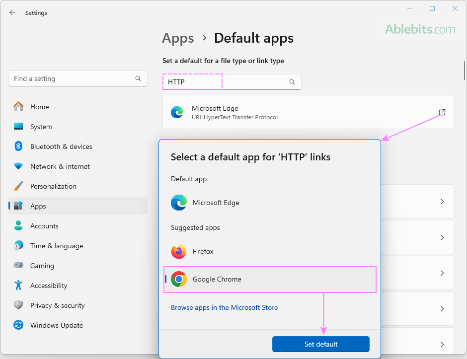 Set the default browser for HTTP Links. Set the default browser for HTTP Links.