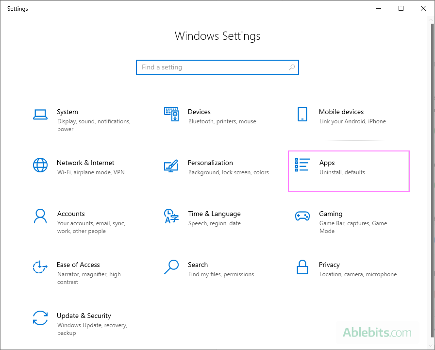 Click Apps on Windows 10.