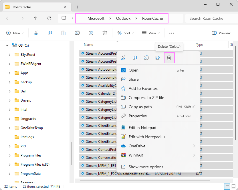 Clear temporary cache files in Outlook.