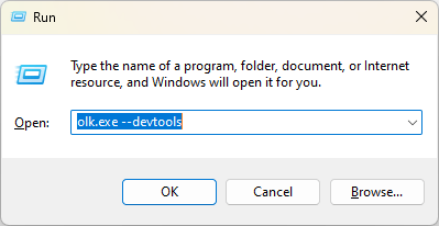 Run the command to launch the new Outlook with Developer Tools enabled.