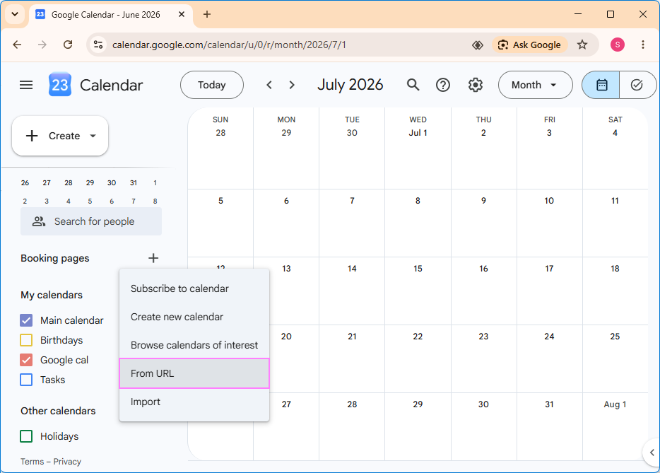 Add a shared calendar from a URL to Google Calendar.