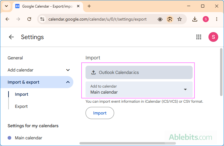 Import an Outlook ICS file into Google Calendar.