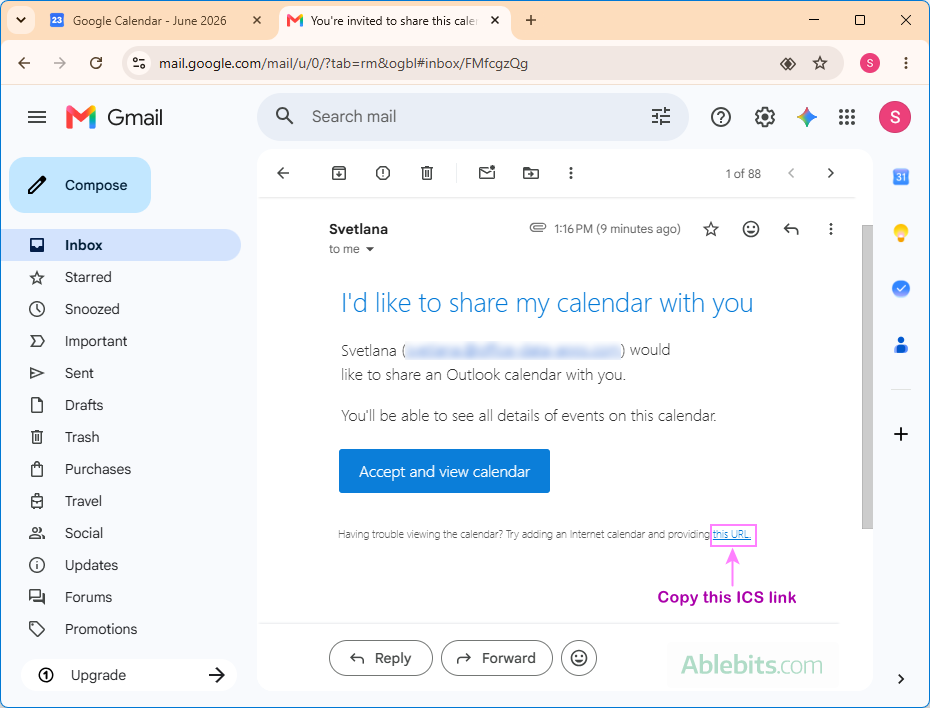 Copy the ICS link from an Outlook calendar sharing invitation.