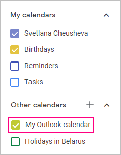 An Outlook calendar is added to Google.