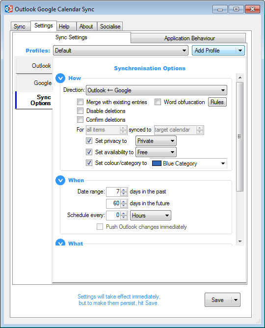 Configure Outlook Google Calendar Sync settings.