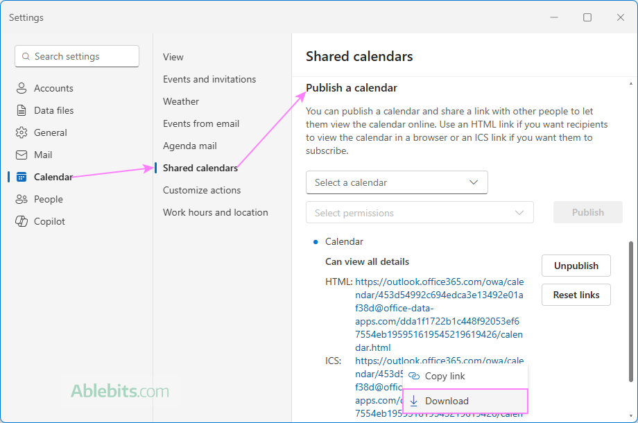 Download an Outlook calendar as an ICS file.